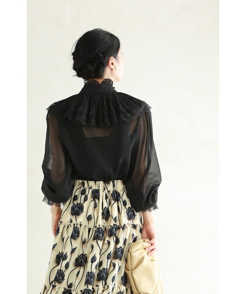 早い者勝ち armoire capris ブラック シアー ブラウス　黒 cawaii ブラウス シャツ （黒）シアー袖のクラシカルフリル