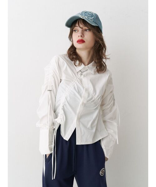 ブラウス シャツ ドロストシャーリングシャツ レディース jouetie ブラウス シャツ アシメドロストギャザーシャツ
