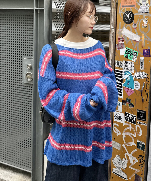 美品  長袖ニット セーター ソルト ボーダー柄 レディース 38 BELLUNA PLUS（ベルーナプラス） ニット セーター ラメ調麻入り編地