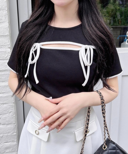 【新品タグ付き】オープンリボンTシャツ INGNI tシャツ フロント開きリボン配色リブトップス レディース