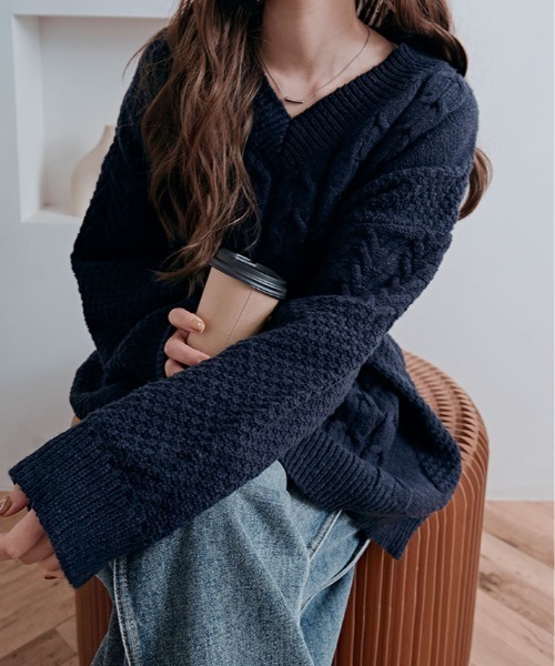 ニット セーター ゆるっと着て、こなれ感。Vネック オーバー サイズ