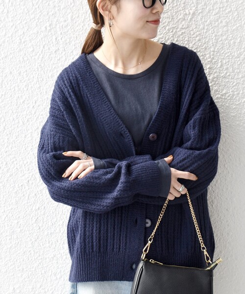 SHIPS any カーディガン any: リブ タック編み Vネック ルーズ ニット