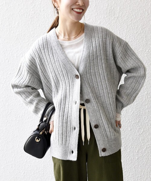 SHIPS any カーディガン any: リブ タック編み Vネック ルーズ ニット