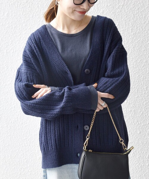 SHIPS any カーディガン any: リブ タック編み Vネック ルーズ ニット