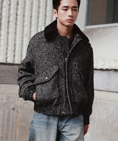 WYM LIDNM ブルゾン アウター DETACHABLE BOA TWEED HERRINGBONE