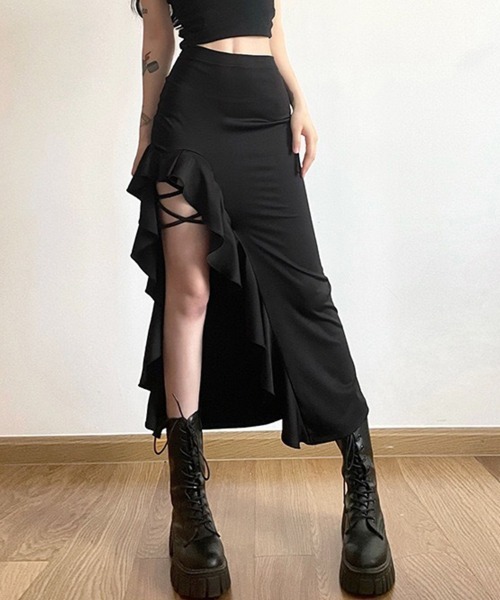 アシンメトリー 黒ストレッチタイトスカート／アングロマニア Sally Lunn スカート アシンメトリーフリルタイトスカート : ZOZOTOWN
