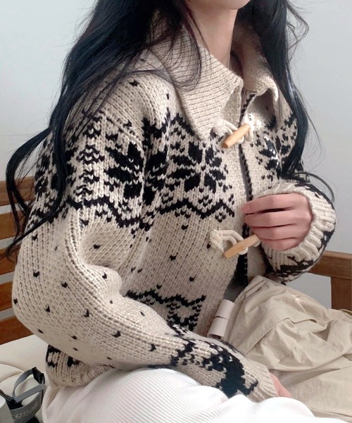 inst.ALL カーディガン トグル釦ノルディック柄襟付きニット