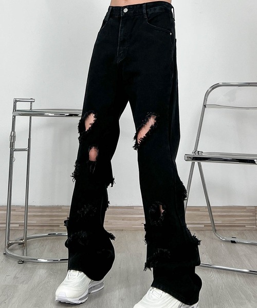 BlessU ワイドデニムパンツ ブラック WESTBOY（ウエストボーイ） ワイドパンツ ジーンズ ダメージ ブーツ