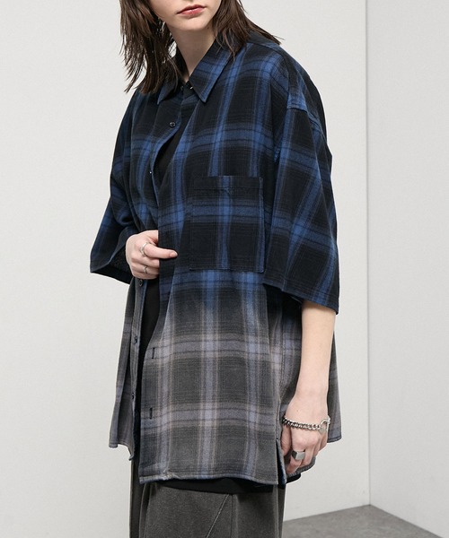 た*か様 the mad shopバンドカラー チェックシャツ atelier シャツ 半袖 「Alfred Alex」Vintage-Like Ombre Check Shirt