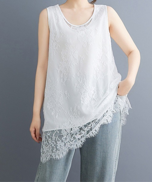 ReRe tシャツ 総レースノースリーブチュニックトップス レディース