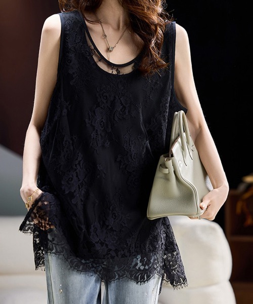 ReRe tシャツ 総レースノースリーブチュニックトップス レディース