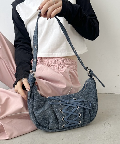 A.P.C Clea デニム ショルダーバッグ CLEA ショルダーバッグ バッグ レースアップリボン ハーフムーン