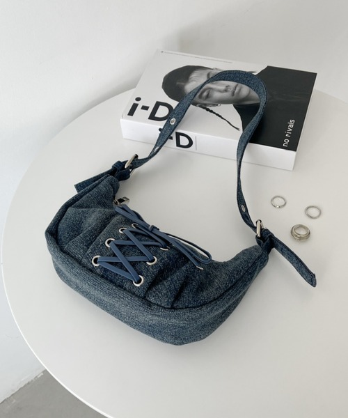 A.P.C Clea デニム ショルダーバッグ CLEA ショルダーバッグ バッグ レースアップリボン ハーフムーン