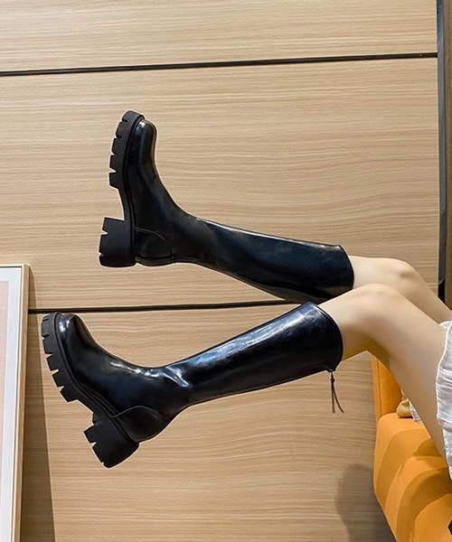 ブラック ロングブーツ 背面ファスナー付き Lace Ladies（レースレディース） ブーツ バックファスナー付き レザー