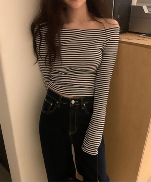 ストライプ オフショルダー 半袖ブラウス レディース オフショル オフショルダー カットソー ブラウス 7分