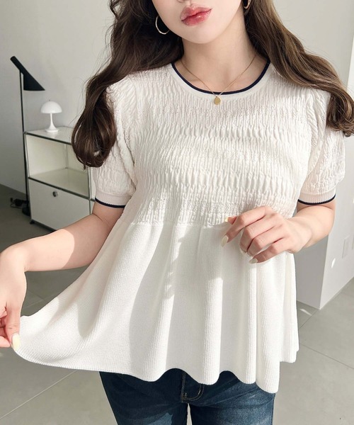 美品¥42,900タグ付き♡ Rene ペプラムニットプルオーバー 　38 36 moment+ ニット セーター クロシェ編み5分袖ペプラムニットプル