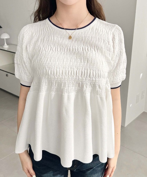 美品¥42,900タグ付き♡ Rene ペプラムニットプルオーバー 　38 36 moment+ ニット セーター クロシェ編み5分袖ペプラムニットプル