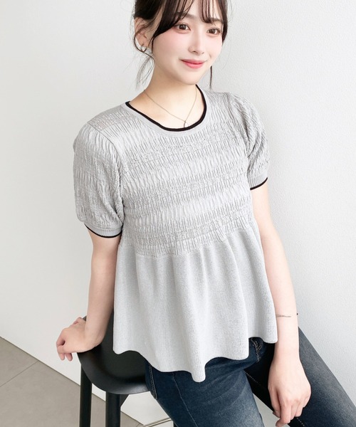 美品¥42,900タグ付き♡ Rene ペプラムニットプルオーバー 　38 36 moment+ ニット セーター クロシェ編み5分袖ペプラムニットプル