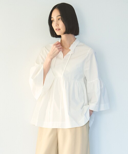 ブラウス シャツ 「抗菌防臭/洗える」コットンブロード フリルネックシャツ レディース