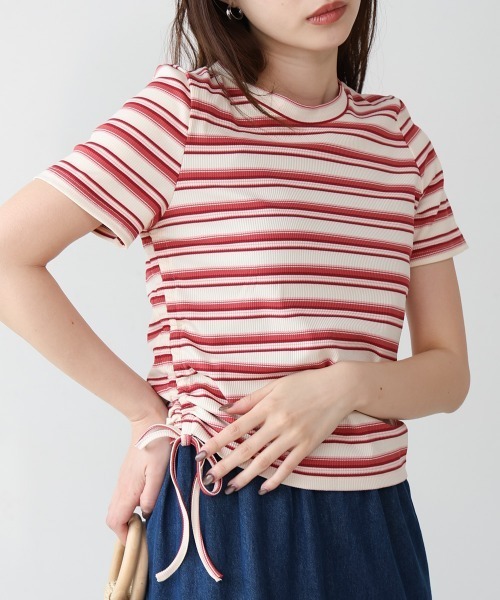 tシャツ シャーリング ボーダー Tシャツ レディース BAB tシャツ マルチボーダーサイドシャーリングTシャツ