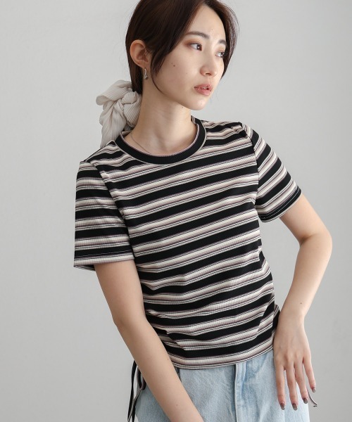 BAB tシャツ マルチボーダーサイドシャーリングTシャツ