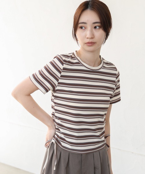 BAB tシャツ マルチボーダーサイドシャーリングTシャツ