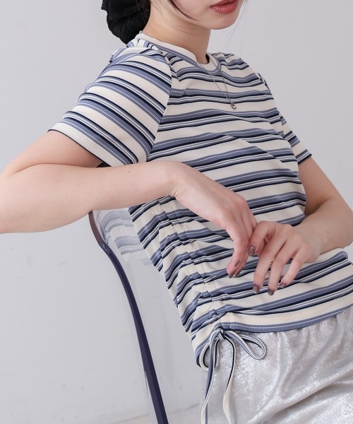 BAB tシャツ マルチボーダーサイドシャーリングTシャツ
