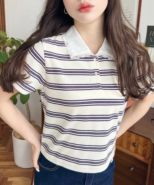 完売品【希少サイズ“52”】マルニ／コットン100%×ボーダー柄／ポロシャツ moment+ tシャツ 衿レースマルチボーダーポロシャツ レディース