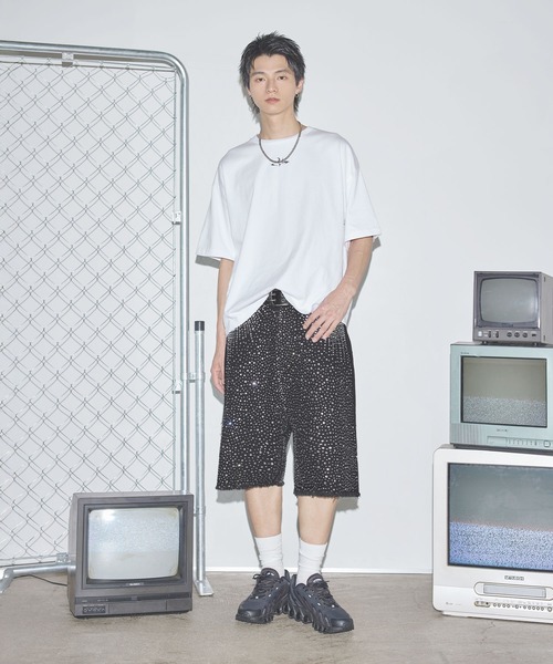 黒ハーフパンツ ストリート バギー系 デザインショーツ 韓国 総柄 ワイド ショートパンツ バスケショーツ 韓国 ストリート系