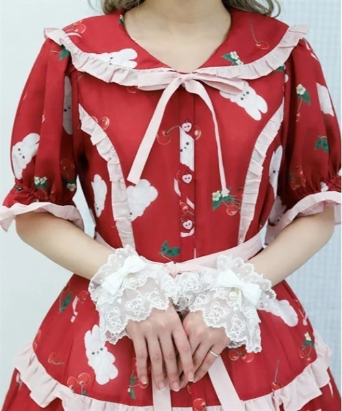 新品 Chalmiere シャルミエール はしごレースワンピース えんじRED