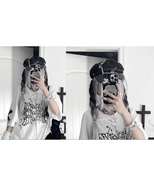 tシャツ A'GEM/9 × .kom「TricuspidC/トライカスピッドシー」チェーン付きプリントTシャツ レディース メンズの画像