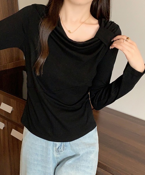 2ly2 tシャツ ドレープネック リボンデザイン 長袖トップス / ドレープ 