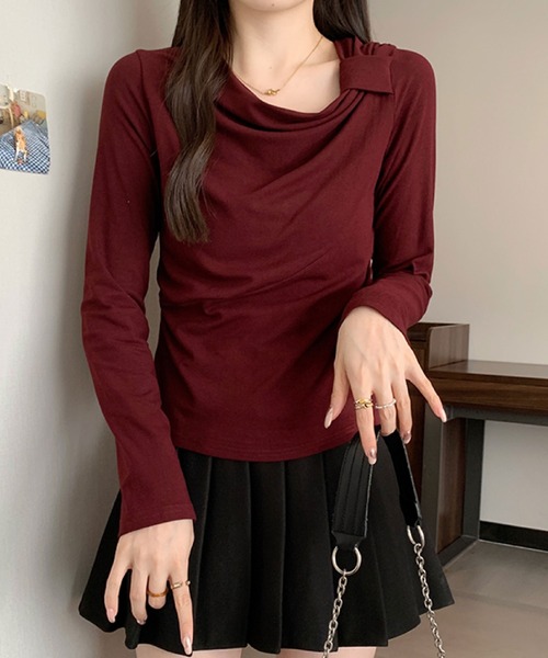 2ly2 tシャツ ドレープネック リボンデザイン 長袖トップス / ドレープ 