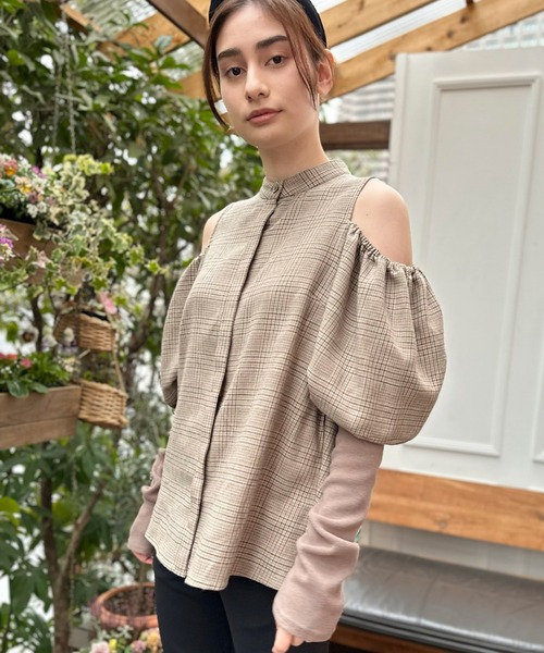 AVIE ブラウス シャツ ウールチェックオフショルダーブラウス 
