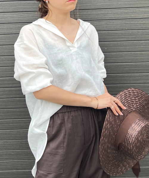 ブラウス シャツ 麻バックスリットVネックシャツ レディース