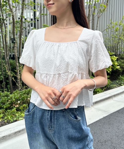 CLEA ブラウス シャツ バックリボンバルーンペプラムブラウス