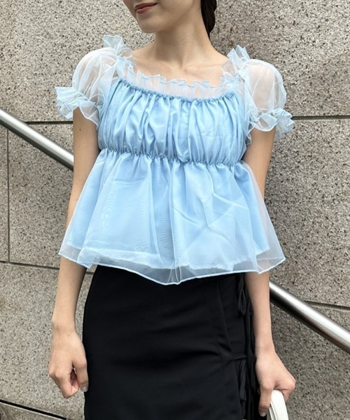 ブラウス シャツ 夏 半袖 シャーリングシアーパフブラウス レディース