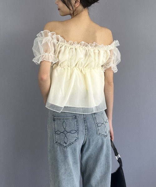 ブラウス シャツ 夏 半袖 シャーリングシアーパフブラウス レディース