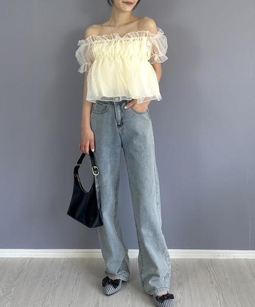 ブラウス シャツ 夏 半袖 シャーリングシアーパフブラウス レディース