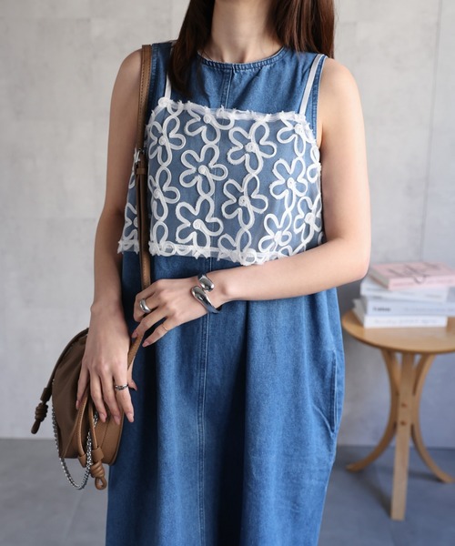 iki ニットビスチェ 刺繍 キャミソール セール】ショート丈クロップドコード刺繍ビスチェキャミソール