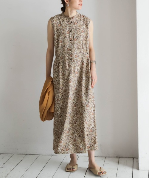 NOMBRE IMPAIR リネン混 ノースリーブ ロングワンピース NOMBRE IMPAIR ワンピース ミドルフラワーPT ノースリワンピース