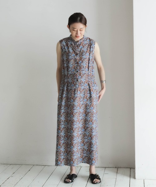 NOMBRE IMPAIR リネン混 ノースリーブ ロングワンピース NOMBRE IMPAIR ワンピース ミドルフラワーPT ノースリワンピース