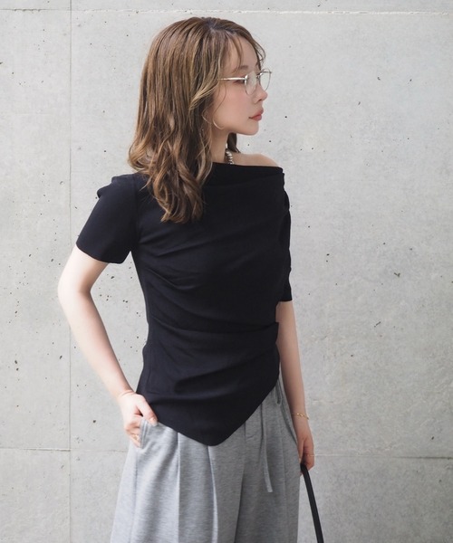 tシャツ 半袖 asymmetry drape tops /アシンメトリー ドレープ