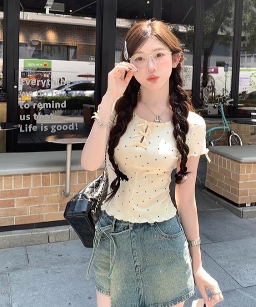 ふわふわリボン半袖カットソー fiere（フィエール） tシャツ リボンガーリー半袖Tシャツ レディース