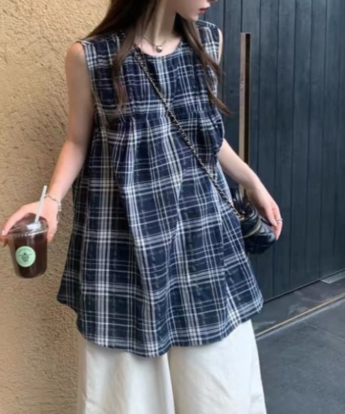 タンクトップ ノースリーブ レトロチェックノースリーブ