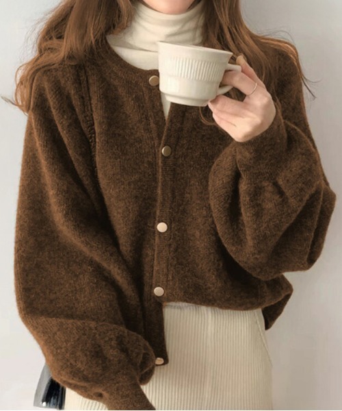 カーディガン ラウンドネック ゴールドボタン ニットカーディガン