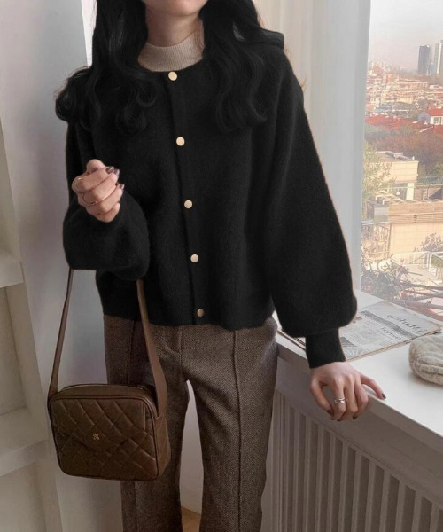 カーディガン ラウンドネック ゴールドボタン ニットカーディガン