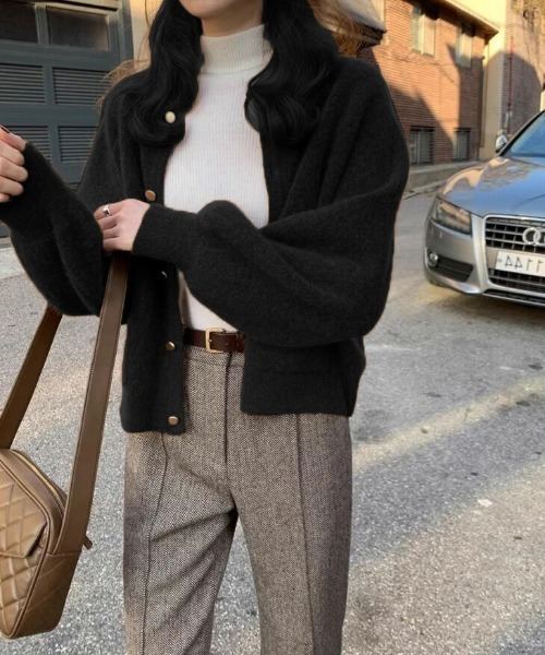 カーディガン ラウンドネック ゴールドボタン ニットカーディガン