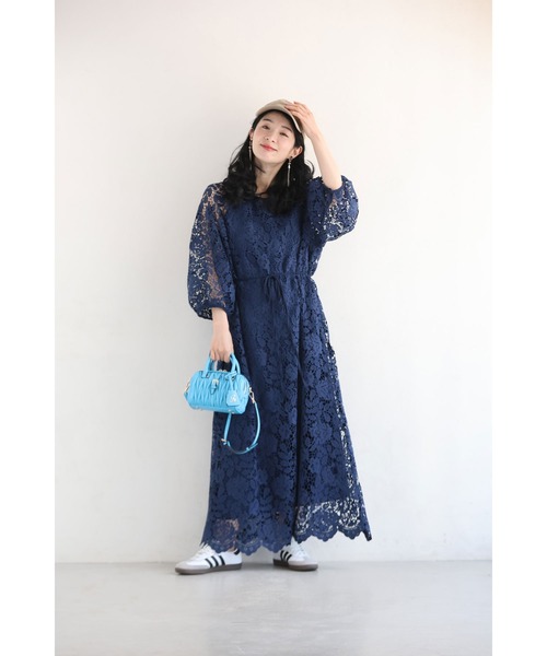 ＊2Way＊プラージュ 総レース ロングカーディガン ワンピース 総柄 紺 Lace Ladies（レースレディース） ドレス 2WAY シアー トップス付き 花