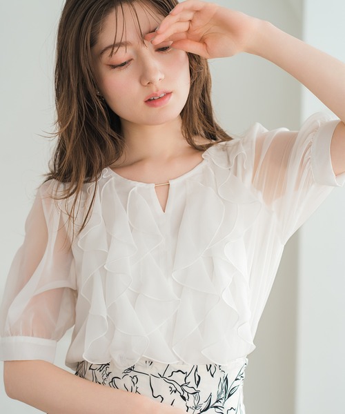 MISCH MASCH ミッシュマッシュ 袖シフォンニット 2026春夏新作 パウダーシフォンラッフルレイヤード肩開きニット